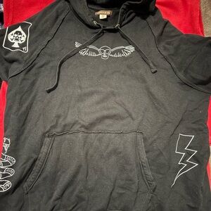 Black Hoodie with Skull and Wing Design